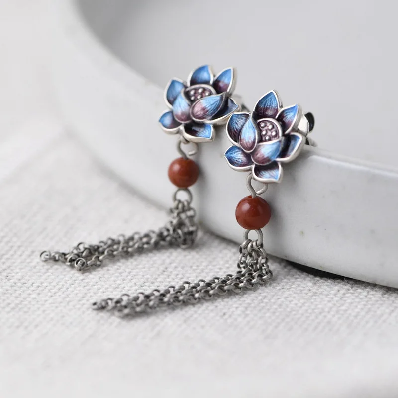 FNJ Enameling Lotus Earrings 925 Silver 100% Pure Original S925 Silver Sterling Drop Earring for Women Jewelry Red Agate Tassel