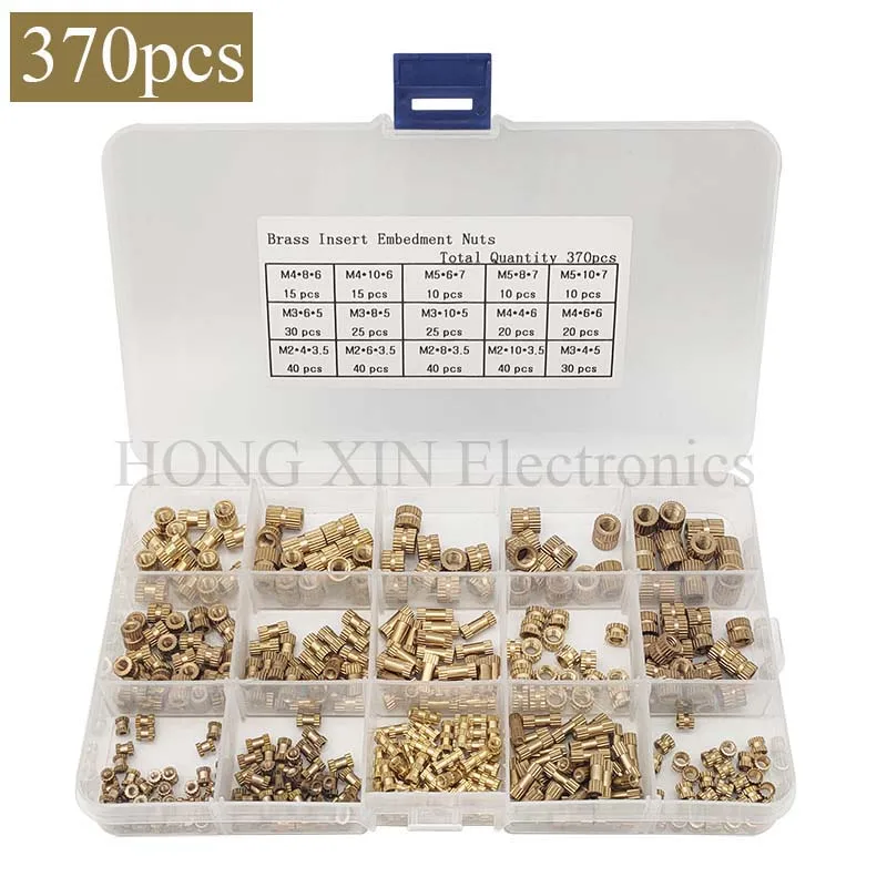 

370pcs/Set M2 M3 M4 M5 Female Thread Knurled Brass Threaded Insert Embedment Nut Assortment Kit Round Insert Embedded Nuts