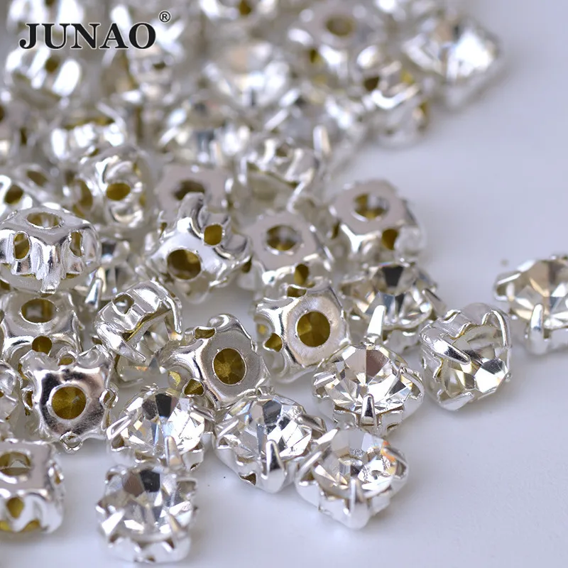 JUNAO 6 7 8 10 mm Sewing Silver Clear Color Glass Rhinestone Flatback Round Crystal Beads Applique For Clothes Decoration