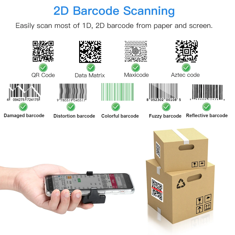 Eyoyo EY-022 Phone Back Clip Bluetooth Scanner Portable Barcode Reader Data Matrix Code 1D 2D CMOS QR PDF417 Code IOS Android