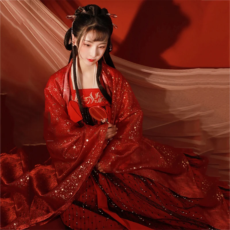 

2020 Hanfu Women Embroidery Red Big Sleeve Shirt Ladies Overcoat Folk Festival Rave Outfit Singers Performance Clothing YB1081