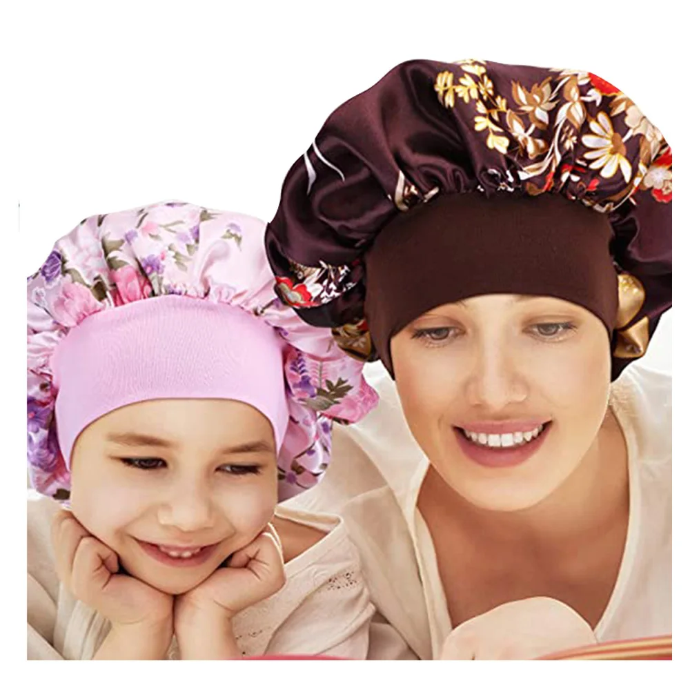 Printing Satin Bonnet For Women Elastic Wide Band Night Sleep Satin Hat Chemo Caps Hair Loss Cover Fashion Head Wrap Hair Care