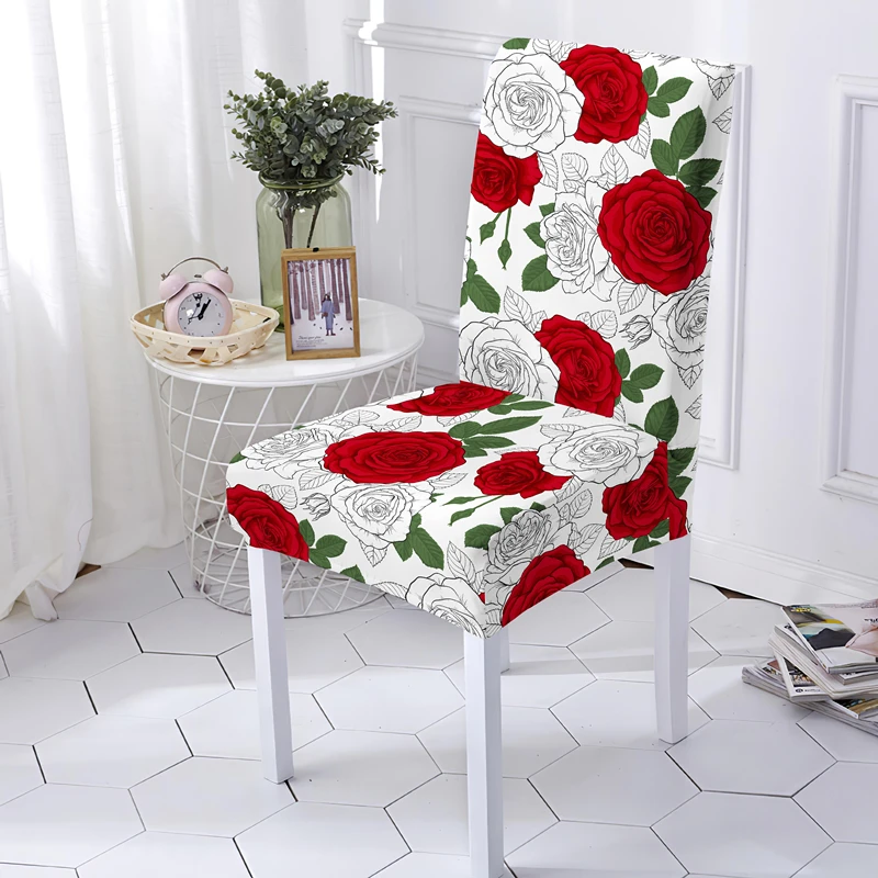 Rose Printed Stretch Chair Cover For Dining Room Office Banquet Chairs Protector Elastic Material Armless Seat Covers