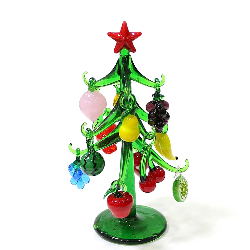 Handmade Glass Christmas Tree Craft Figurines Ornaments Creative Xmas Decoration With 12pcs Cute Mini Fruit Pendant Accessories