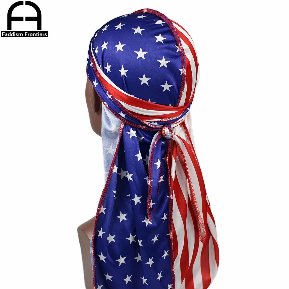 Patchwork Flagge Männer Seide Durag Headwrap Bandanas Für Männer Sterne Druck Seidige Durag Welle Kappe Durag – Detail 4