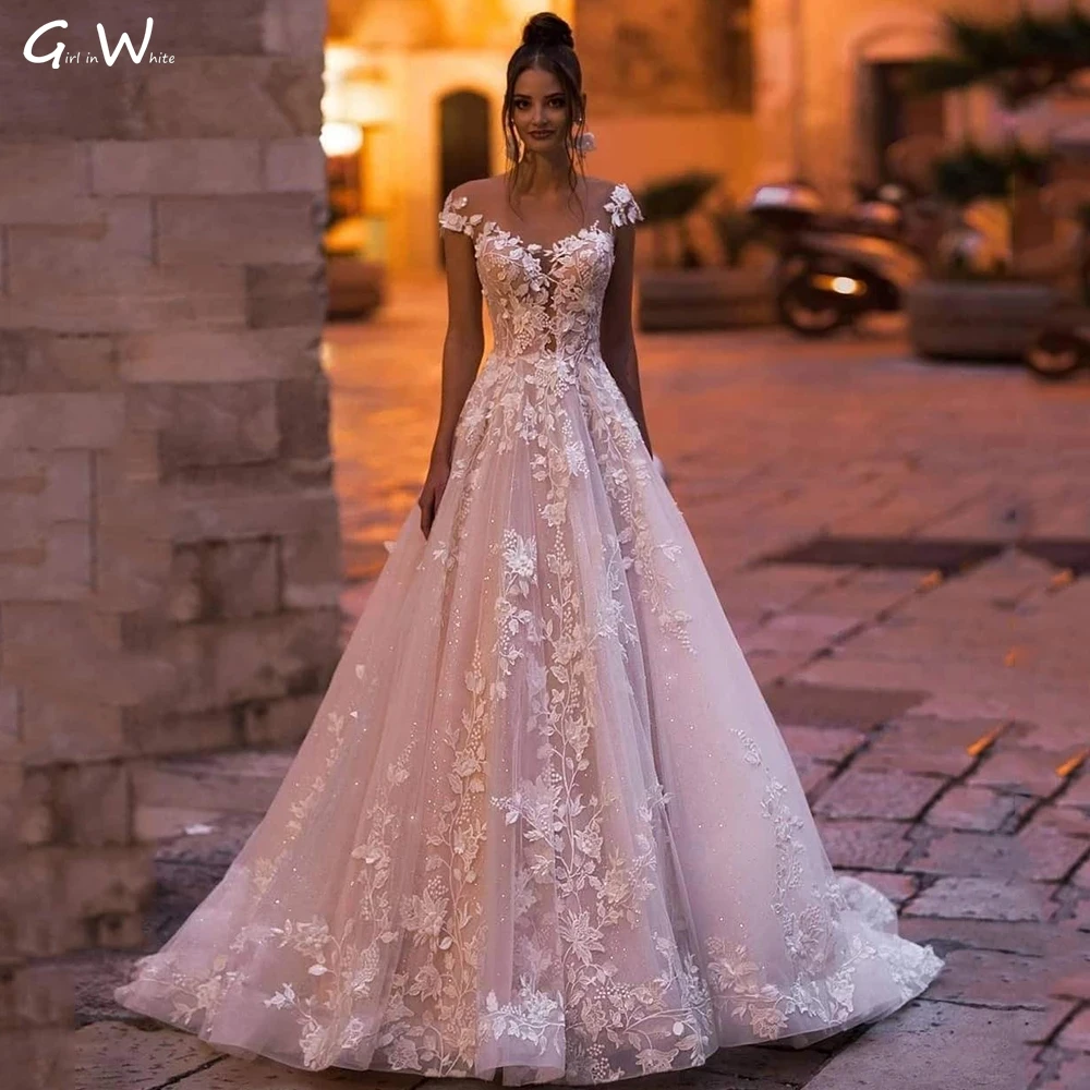 Scoop Applique Wedding Dresses A-Line Off-the-Shoulder Court Train Lace Flowes customized Petal Illusion Back Vestidos De Novia