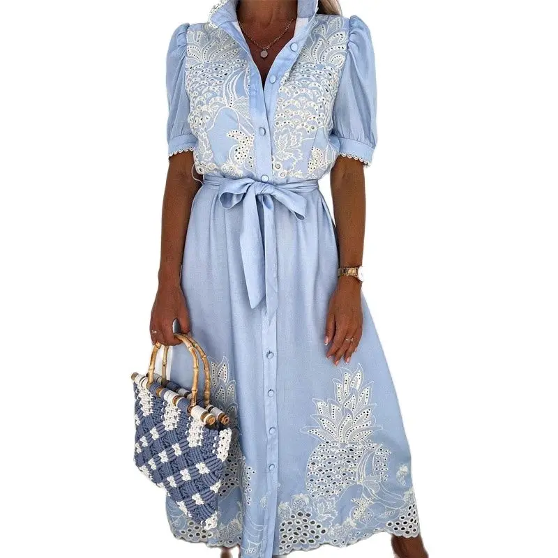 2021 Summer Puff Sleeve Lace Party Dress Sexy Hollow Out Patchwork Embroidery Long Dress Elegant Women Tie-Up Belted Shirt Dress