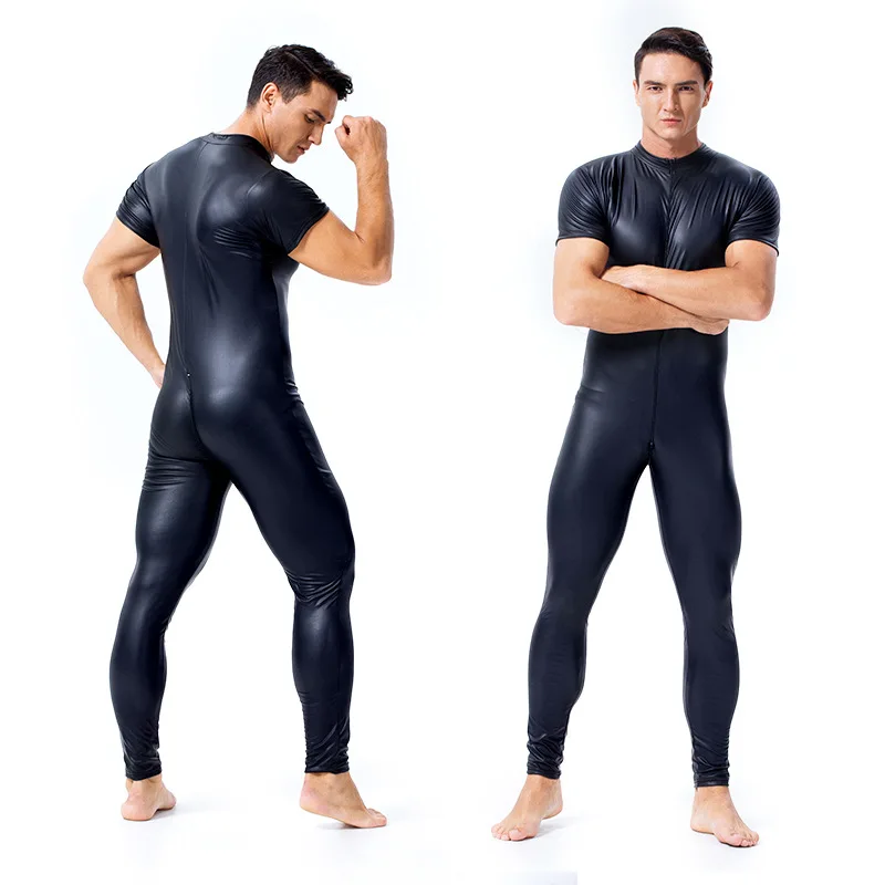 New Latex Catsuit Faux Leather Man Jumpsuits Black Stretch Mesh Bodysuits Sexy Clubwear Men Open Crotch Vinyl Lingerie