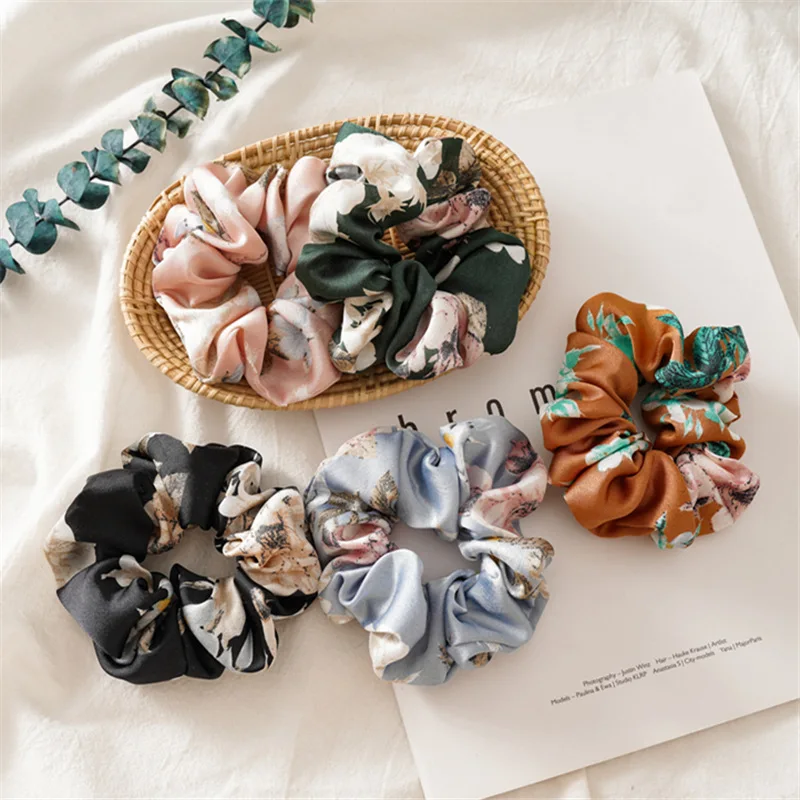 

New Satin Hair Scrunchies for Women Flower Ponytail Holder Hair Rope Rubber Bands Hair Accessories Femme Coletero 5pcs/lot