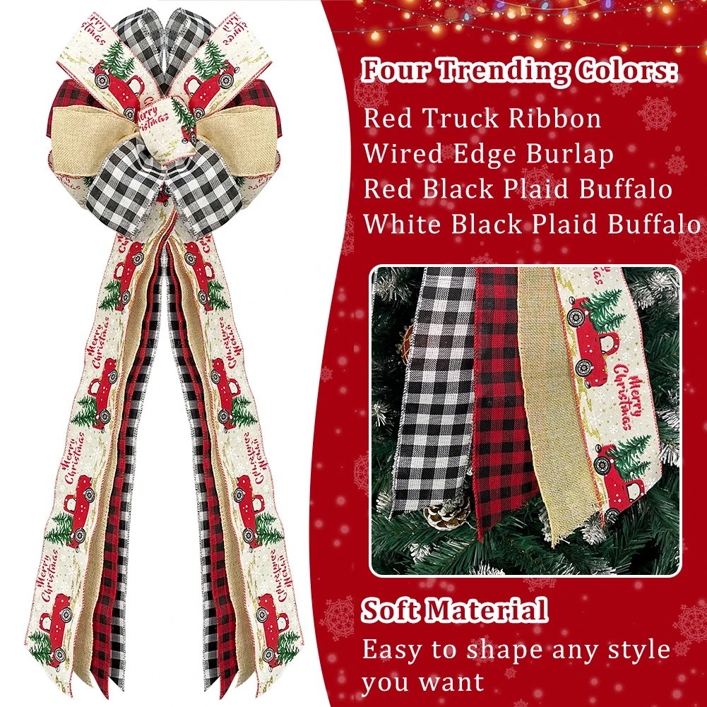 

OurWarm Tree Top Star Bow Christmas Tree Decoration Wire Can Be Deformed 4 Color Truck Buffalo Lattice Burlap Decoration Bow