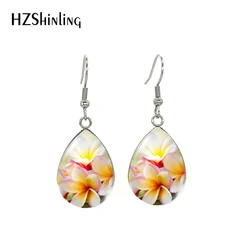hawaiian Plumeria Paintings Tear Drop Dangle Earrings Glass Cabochon Handmade Craft Ear Jewelry