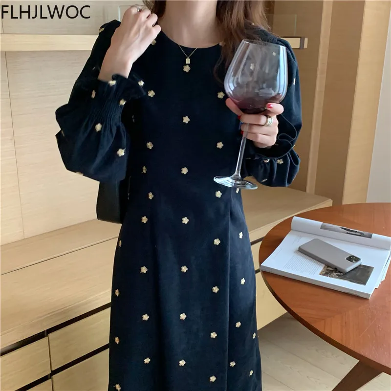 2021 Hot Sales Fenimine Vestidos Women Long Sleeve Office Lady White Dot Floral O Neck Retro Vintage Dress