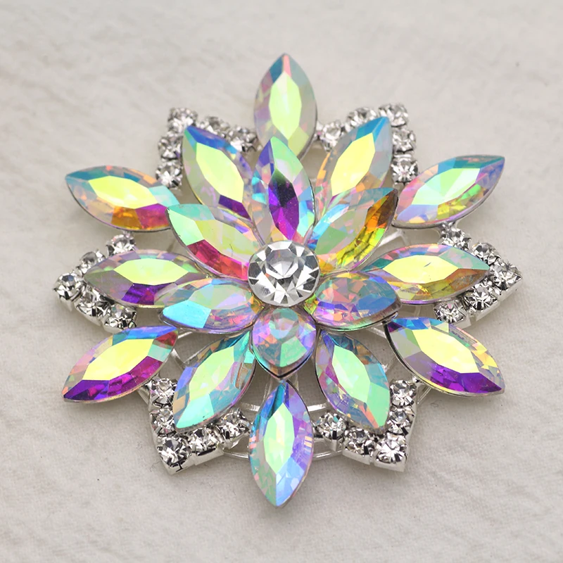 5.8cm flower shape crystal ab rhinestone applique flat silver base sew on rhinestone for wedding dress bags shoes decoration