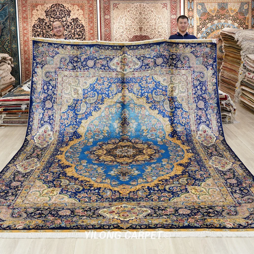 Yilong 9'x12' Traditional Classic Handmade Rug Large Blue Vantage Persian Silk Carpet (ZQG414A)