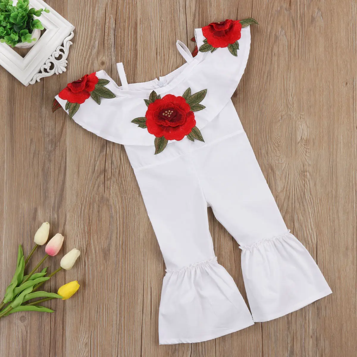 Fashion Rose Embroidery Romper Kids Baby Girls Off shoulder Flower Romper Jumpsuits Trousers Outfits Clothes