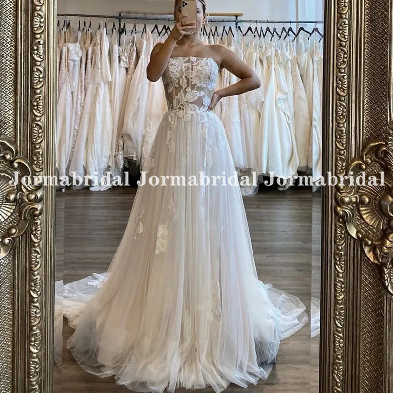 

Illusion Floral Applique Boho Wedding Dresses Strapless Soft Tulle Beach Bridal Gown 2022 Civil Sweep Train Bride Wedding Dress