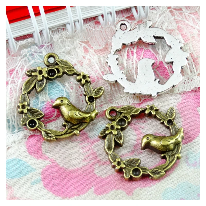 

50pcs 21mm 2 Colors Antique Silver Plated Antique Bronze Plated Pendants Bird Charm Round Bird Pendants Round Bird