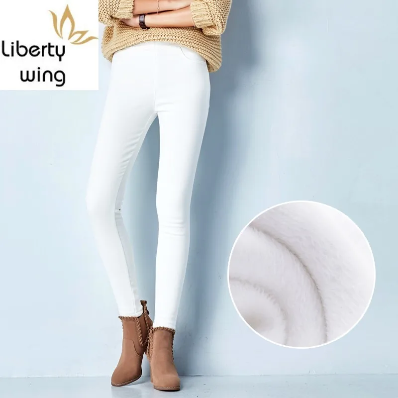 

High Elastic Waist White Jeans Woman Winter Thick Slim Stretch Denim Pencil Pants Plus Size Fashion Office Work Trousers