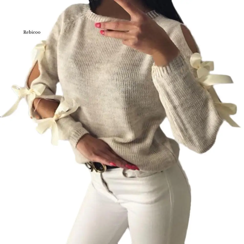 Sweater Women Casual Solid Bow Tie Pullover Loose Sweater Jumper Tops Knitwear Pull Pullover