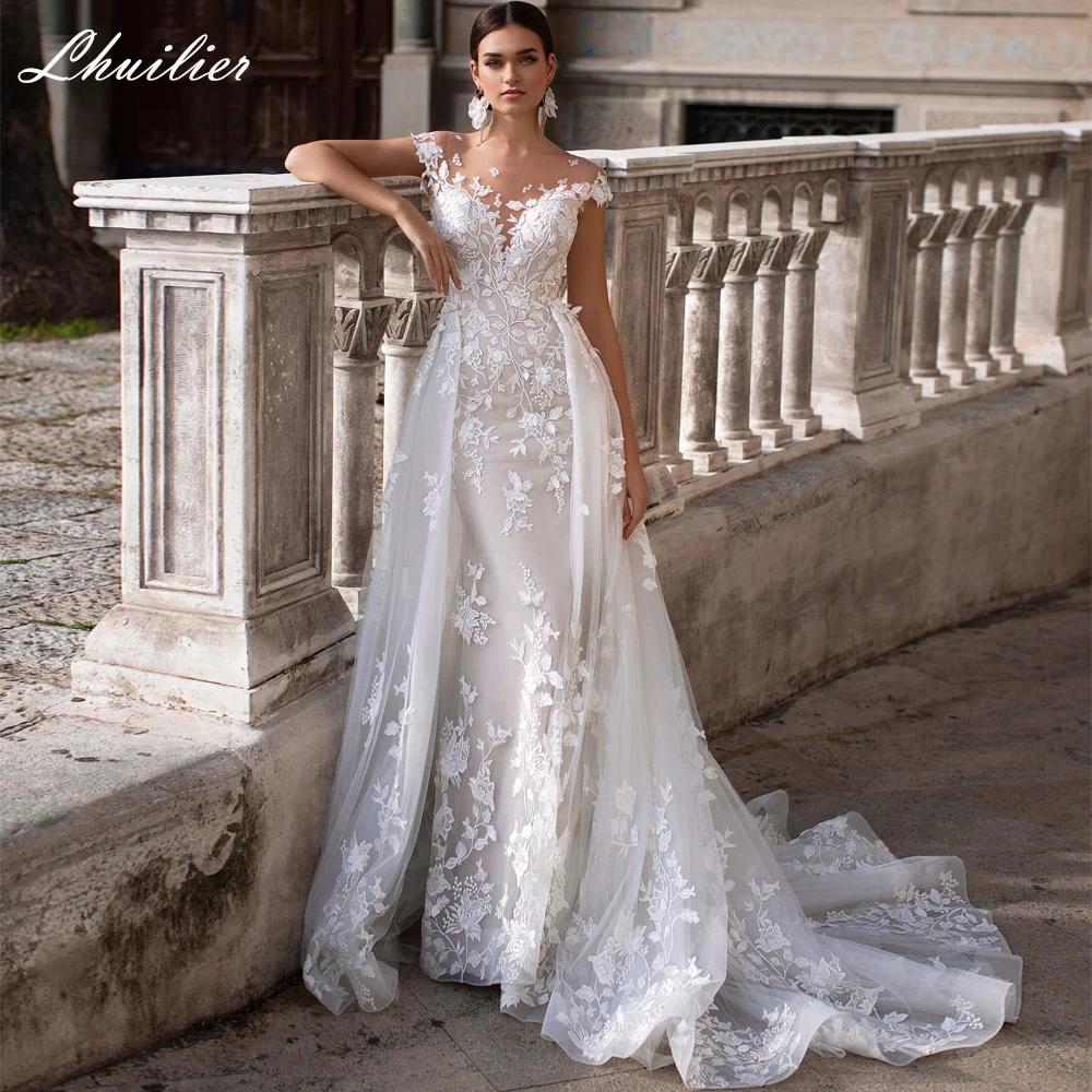 Lhuilier-vestidos de novia elegantes con Apliques de encaje, sirena, manga corta, tul, espalda en V, con tren desmontable