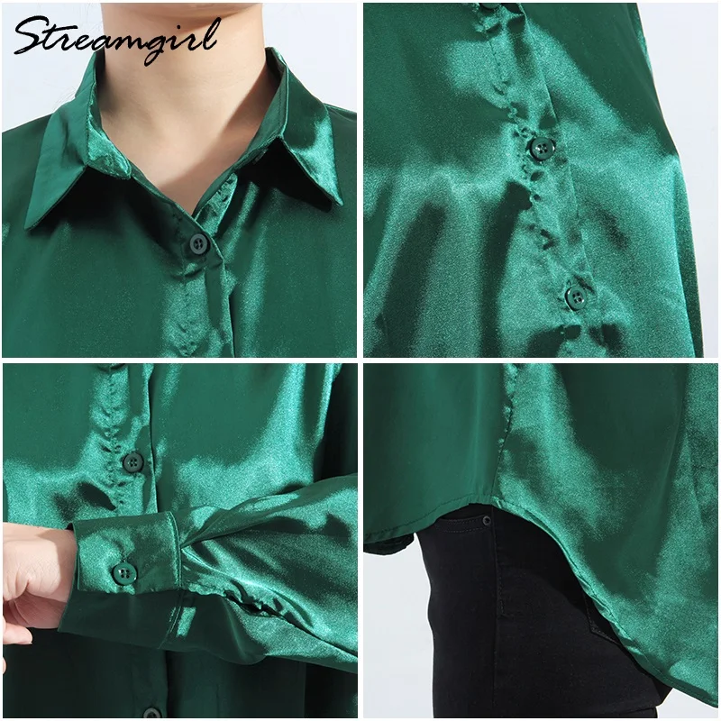 Satin Shirt Womens Green Long Sleeve Top Female Women\'s Elegant Blouse 2022 Office Wear Women White Imitation Silk Shirt Woman