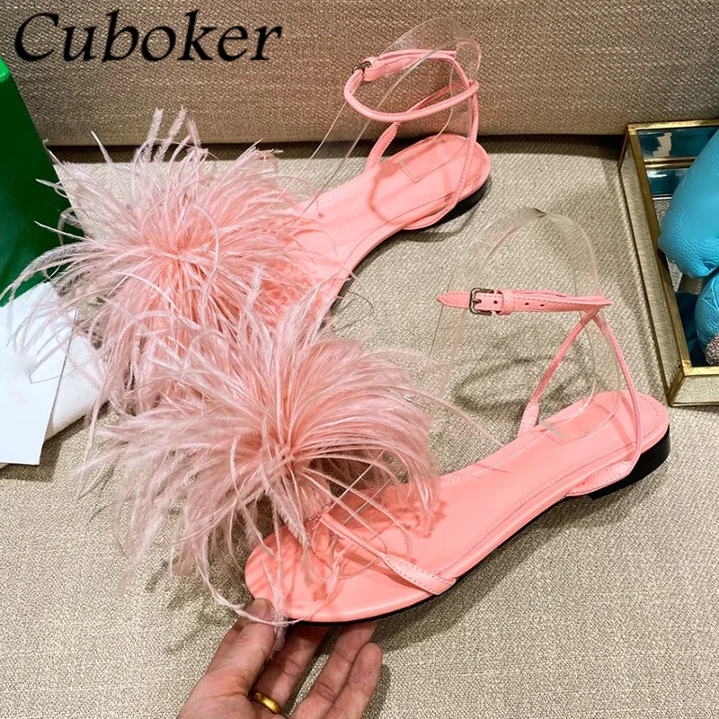 2022 New Summer Elegant Feather Flat Shoes Brand Designer Brand Ladies Shoes Candy Color Party Shoes Women\'s Flat Shoes Sandals