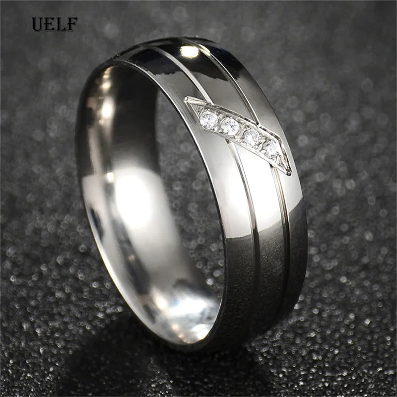 Uelf  Stainless Steel Wedding Ring For Lovers IP SILVER Color Crystal CZ Couple Rings  Men Women Engagement Wedding Rings