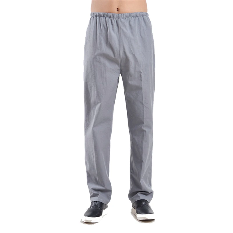 

100% Cotton Chinese Traditional Men's Kung Fu Pants Wu Shu Tai Chi Elastic Waist Loose Tang Suit Long gray new soft Trousers