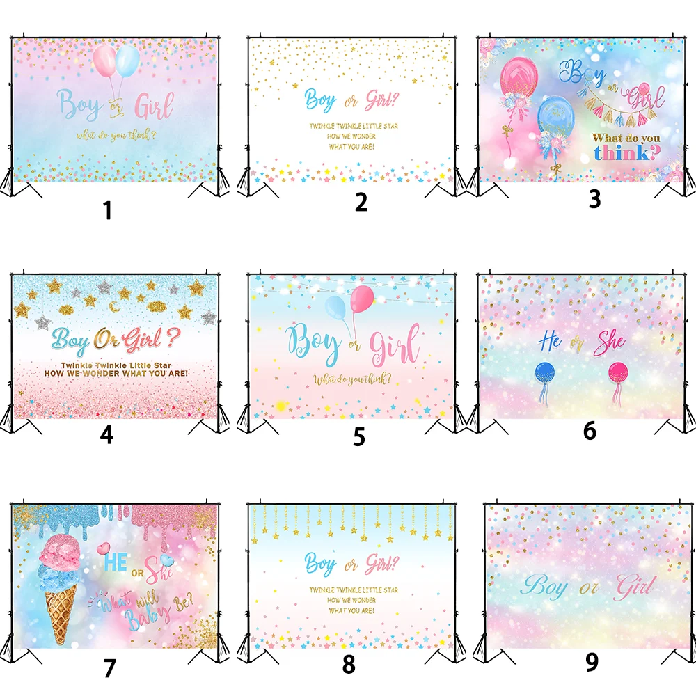Genere rivela sfondo ragazzo o ragazza genere sorpresa festa fotografia sfondo rosa blu palloncino torta tavolo decorazione Banner