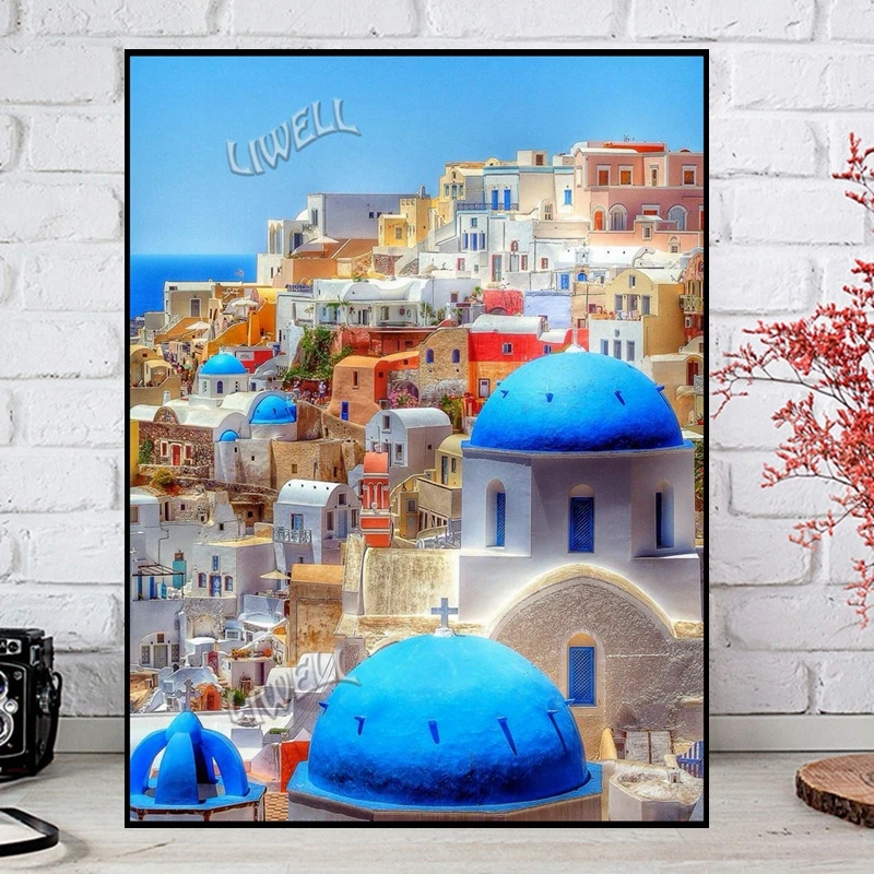 5d Diamond Painting Santorini Blue And White Church Art Greek Island Landscape Mosaic Cross Stitch Kit Poster For Home Decor