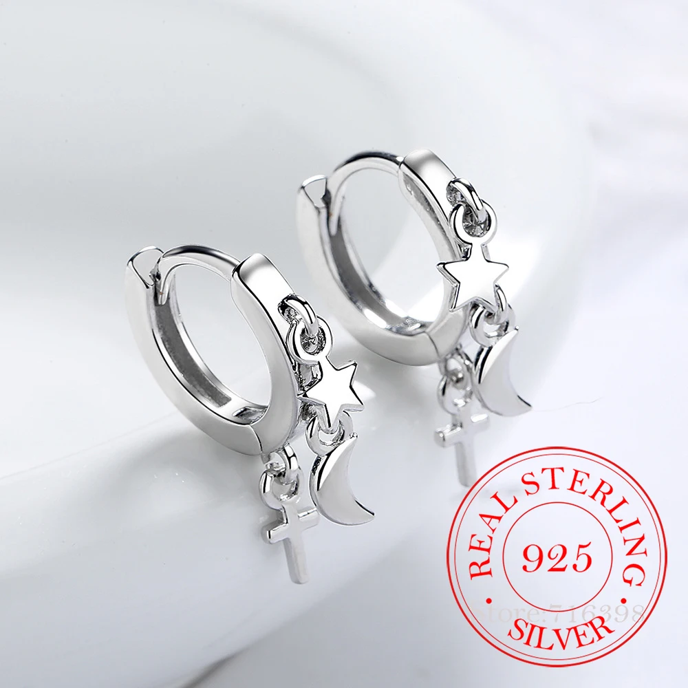 

Cute 925 Sterling Silver Small Loops Huggie Hoops Earrings For Women Star Moon Ear Wedding Party Jewelry Kids Girls Aros Aretes