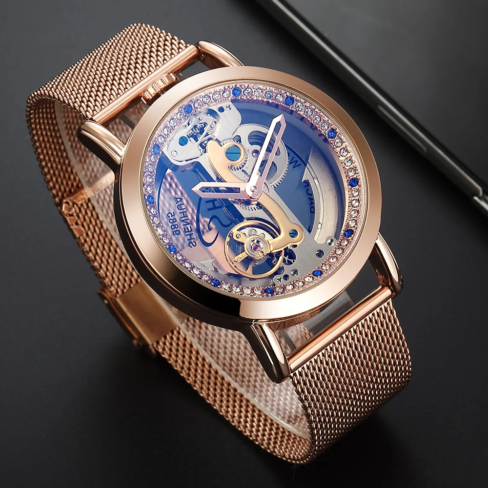 SHENHUA Luxury Diamond Tourbillon Skeleton Women\'s Watches Fashion Royal Transparent Automatic Mechanical Ladies Wrist Watch