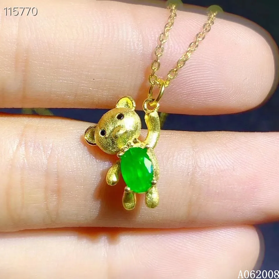 KJJEAXCMY fine jewelry 925 pure silver inlaid natural emerald girl new Pendant lovely Bear Necklace elegant support test