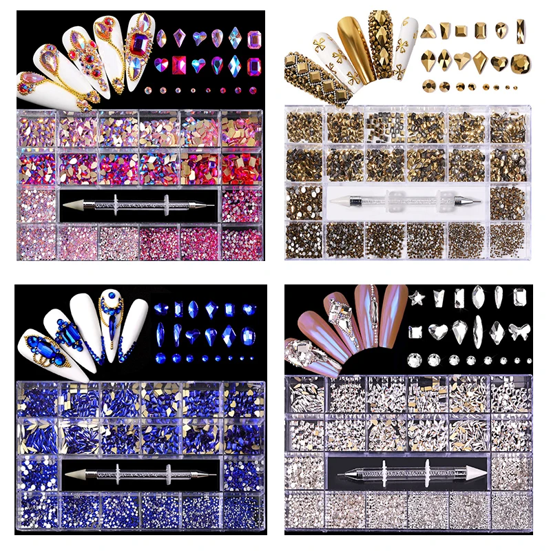 

2500PCS/box Crystal AB Rhinestone In Grids 20PC/Shape Flat- Back Nail Art Rhinestone Gem With 1 Pick Up Pen In Clear Big Box