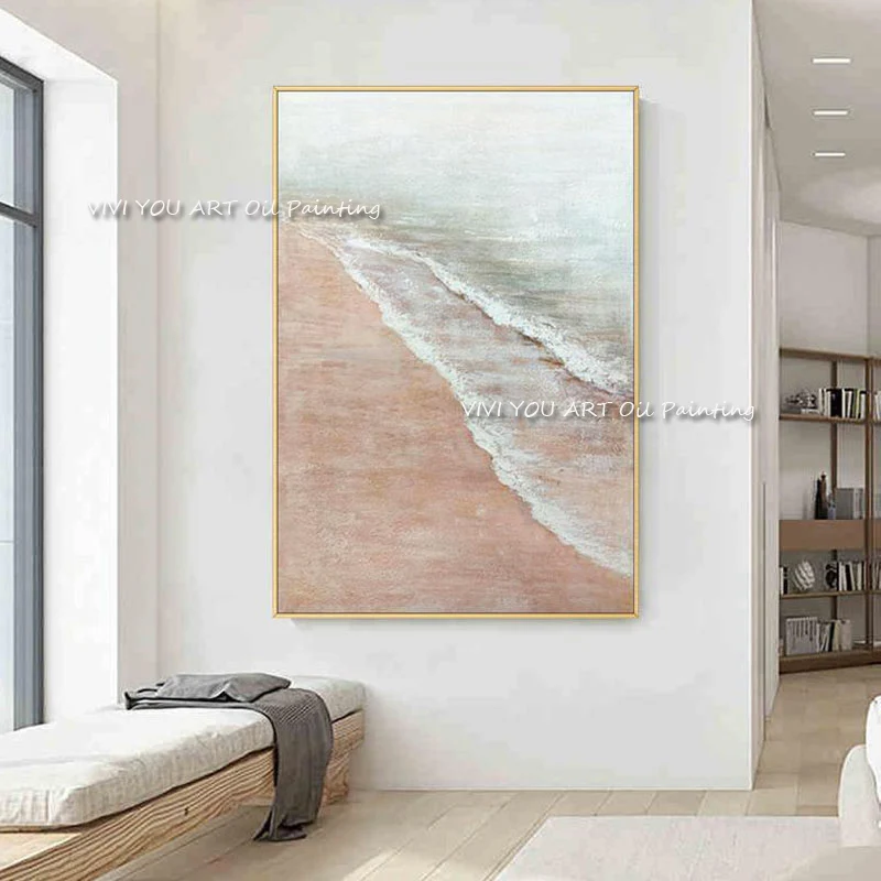 The Top Sales Hand-painted Original Pink Water Abstract Modern Thick Oil Painting Home Decor Canvas  Wall Art Beach Sea Wave