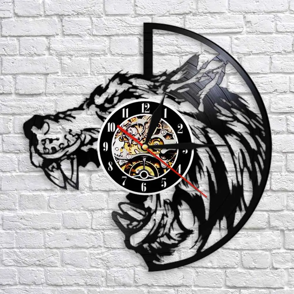 Wolfs Head Wall Clock Decor Wild Animal Handmade Exclusive Vinyl Record Clock Watches Vintage Wall Decor For Living Room Bedroom