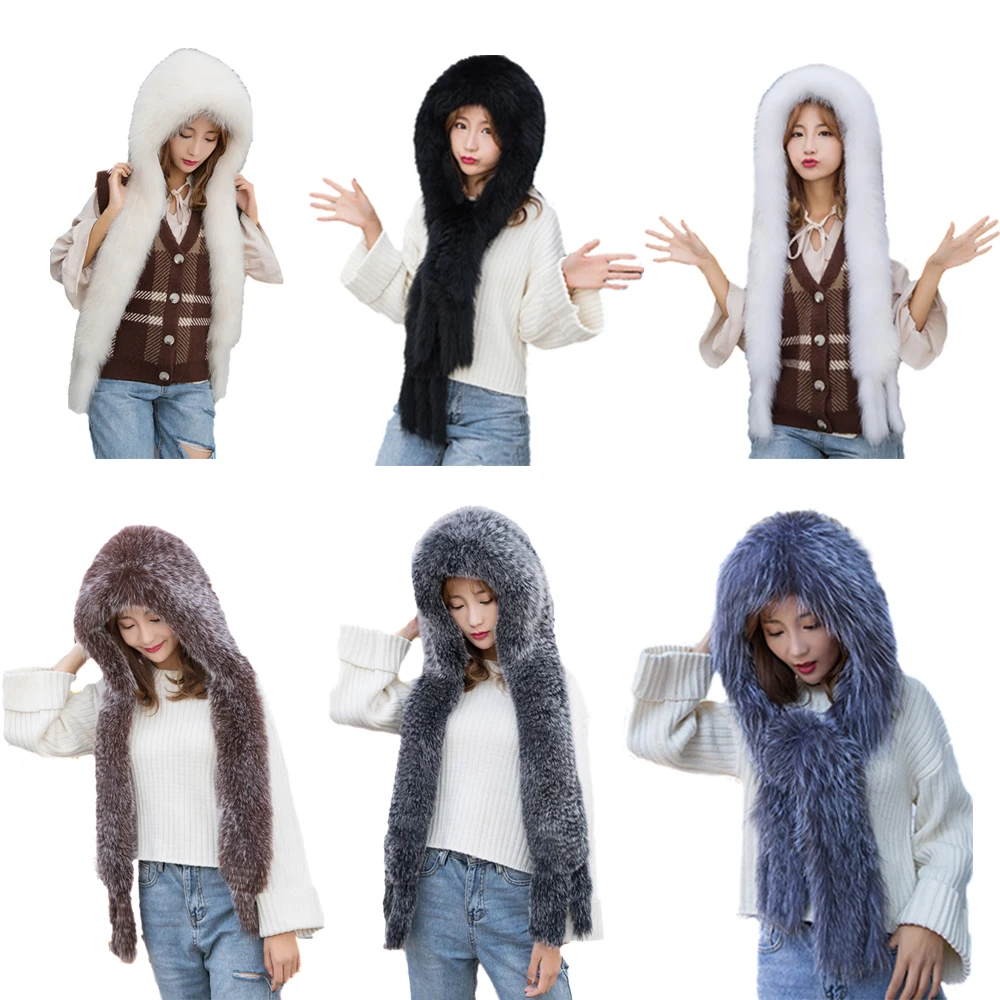 

Women Real Fox Fur Scarf Hats One-Pieces Winter Warm Snow Cap Black Grey