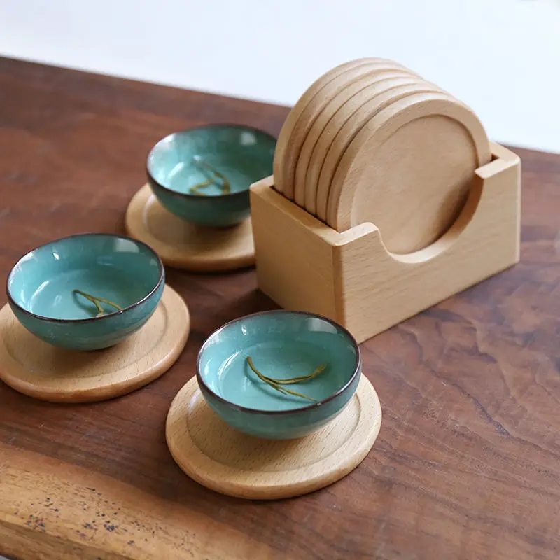 Beech Black Walnut Solid Wood Tea Coaster Set Cup Holder Coffee Cup Mats Chinese Retro Style Household Products Kitchenware