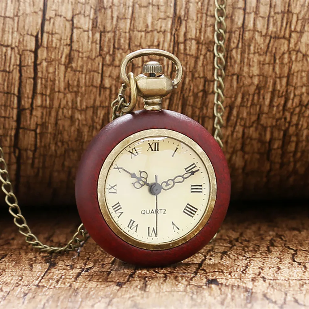 Roman Numerals Red Wood Decor Transparent Glass Ball Necklace Watch Quartz Bronze Sweater Chain Pendant Pocket Clock