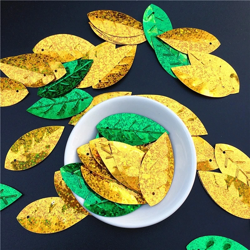 50Pcs/Bag 20*45mm Large Leaf Shape Sequins With 1 hole &PVC Paillettes DIY Wedding Sewing Cloth Garments Lentejuelas Accessories