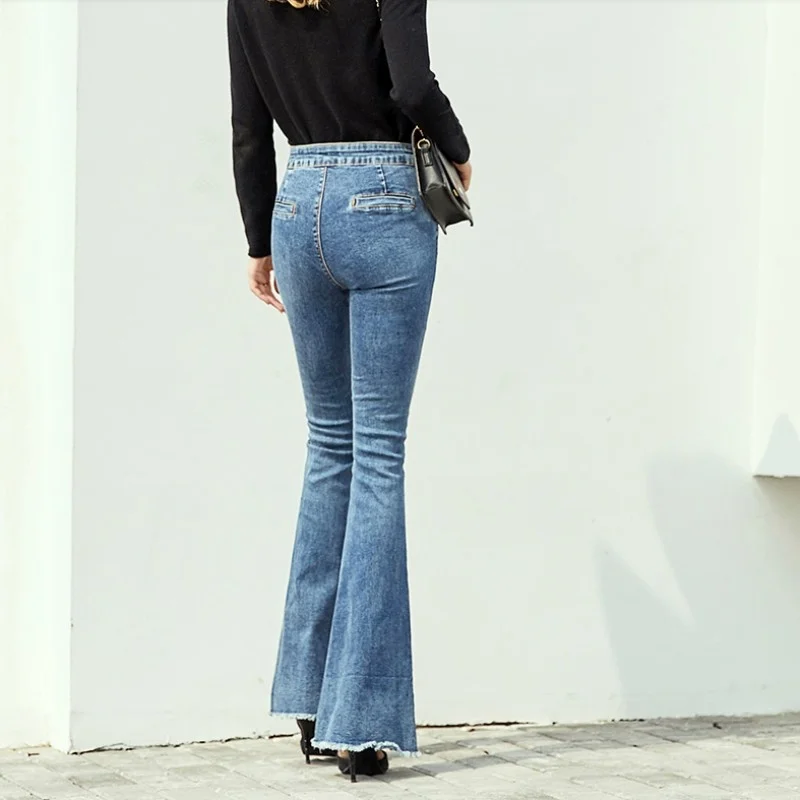

Fashion New Women High Waist Buttons Jeans Tassels Denim Flare Pants Slim Fit Push Up Office Ladies Long Trousers Jeans Pants