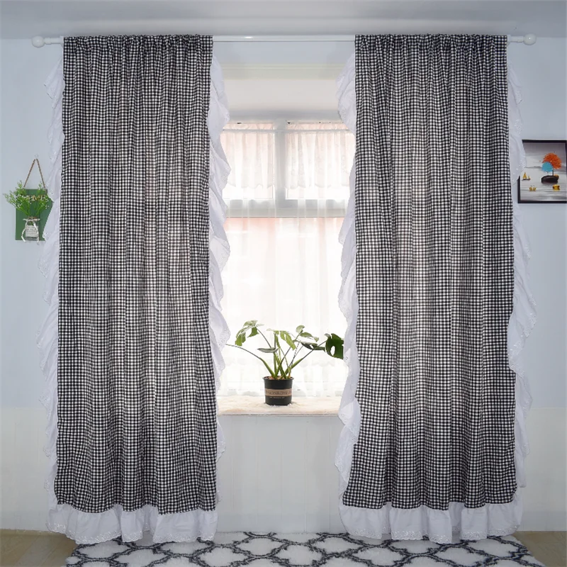 

Lotus leaf cortinas Korean princess lace embroidery ruffles plaid rod pocket bay window шторы curtain for living room bedroom