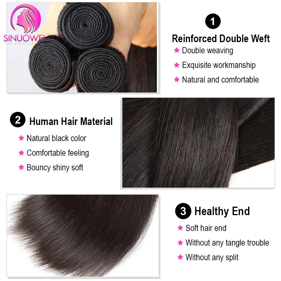 Mechones de cabello humano liso, extensiones de cabello Remy brasileño, color negro Natural, 30, 32 pulgadas, 1/3/4 unidades, 100%