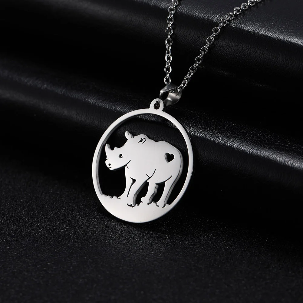 Unift Heart Mascot Rhinoceros Necklaces Wild Animal Rhino Choker Fashion Stainless Steel Neck Jewelry Women Men Gift Wildlife