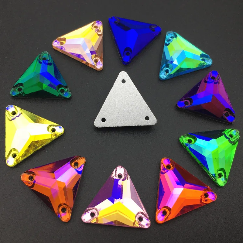 ALL Size All AB Color Sew on Rhinestone tri-angle colorful Glass Crystal Flatback Triangular Sew on Stone for wedding dress