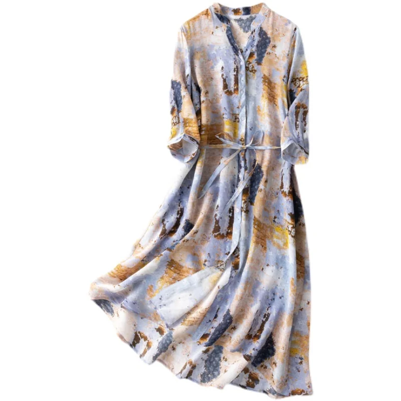 Women 100% Silk Half Sleeve luxury Fashion Long Midi shirt Dress Art Ink Printed Belted waist L1036