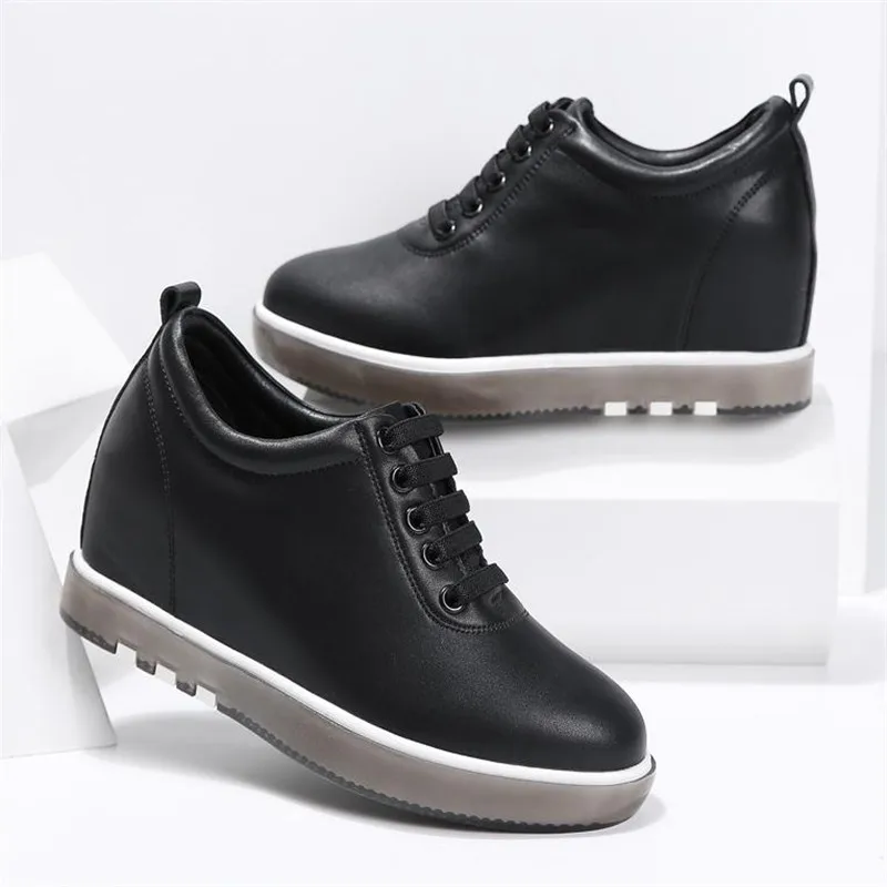 Hide Heel Genuine Leather Shoes Women Fashion Sneakers New Lace Up Height Increasing Casual Shoes White Sneakers