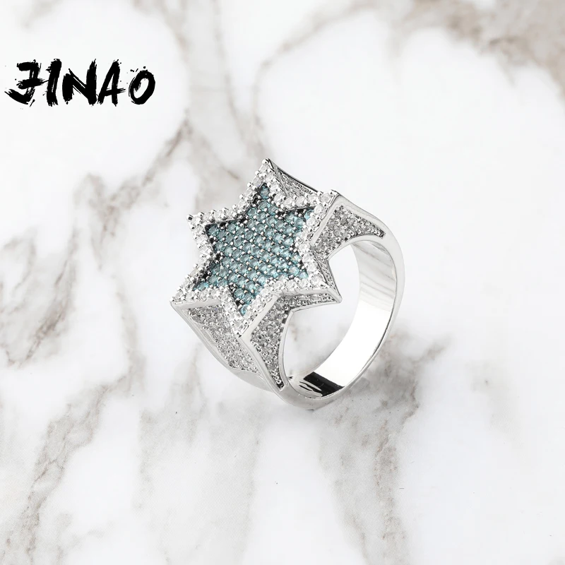 JINAO New STRA Blcak Color Five-pointed Star Ring Micro Paved Big Zircon Shiny Hip Hop Finger Ring for Men Women Gift