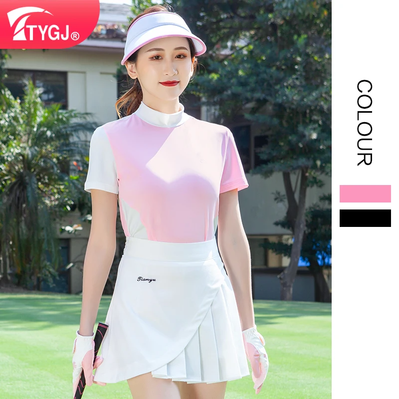 Golf Women's Short Sleeve Golf T-Shirt Sun Protection Standing High Collar Stretch Sports Cooling Golf Apparel for Women