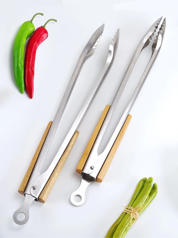 19 Cal klips do żywności ze stali nierdzewnej bardzo duża długi klips do pieczenia drewniany uchwyt uchwyt bambusowy zacisk do grilla akcesoria do pieczenia grilla — zdjęcie 3